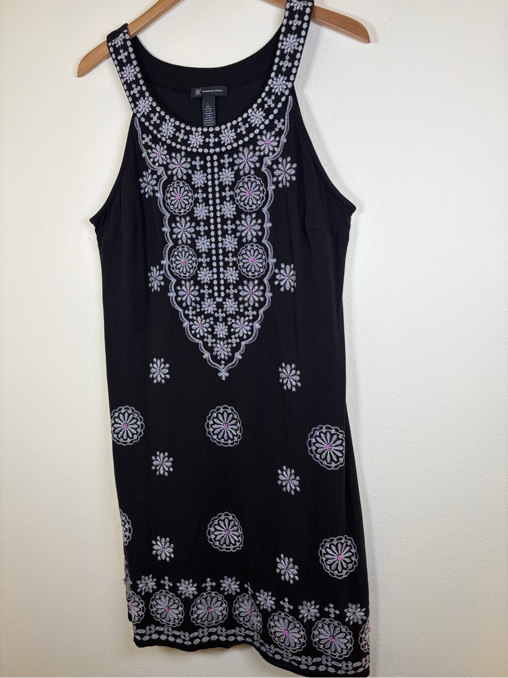 INC International Concepts Black Embroidered Sleeveless Dress Large Beaded Boho - Picture 2 of 10